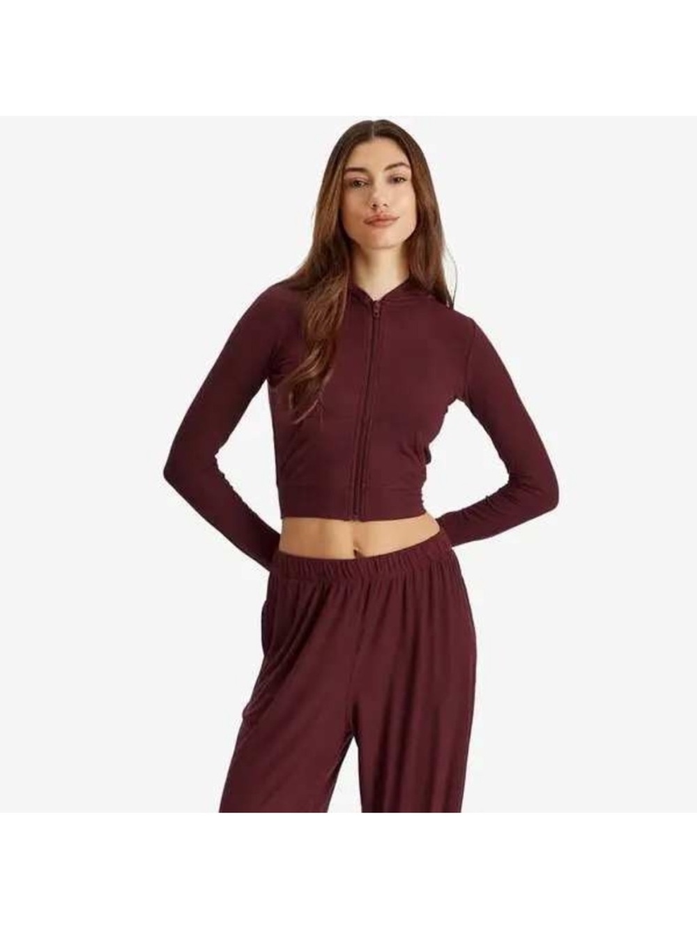 SKIMS Cropped Zip Hoodie in Burgundy
